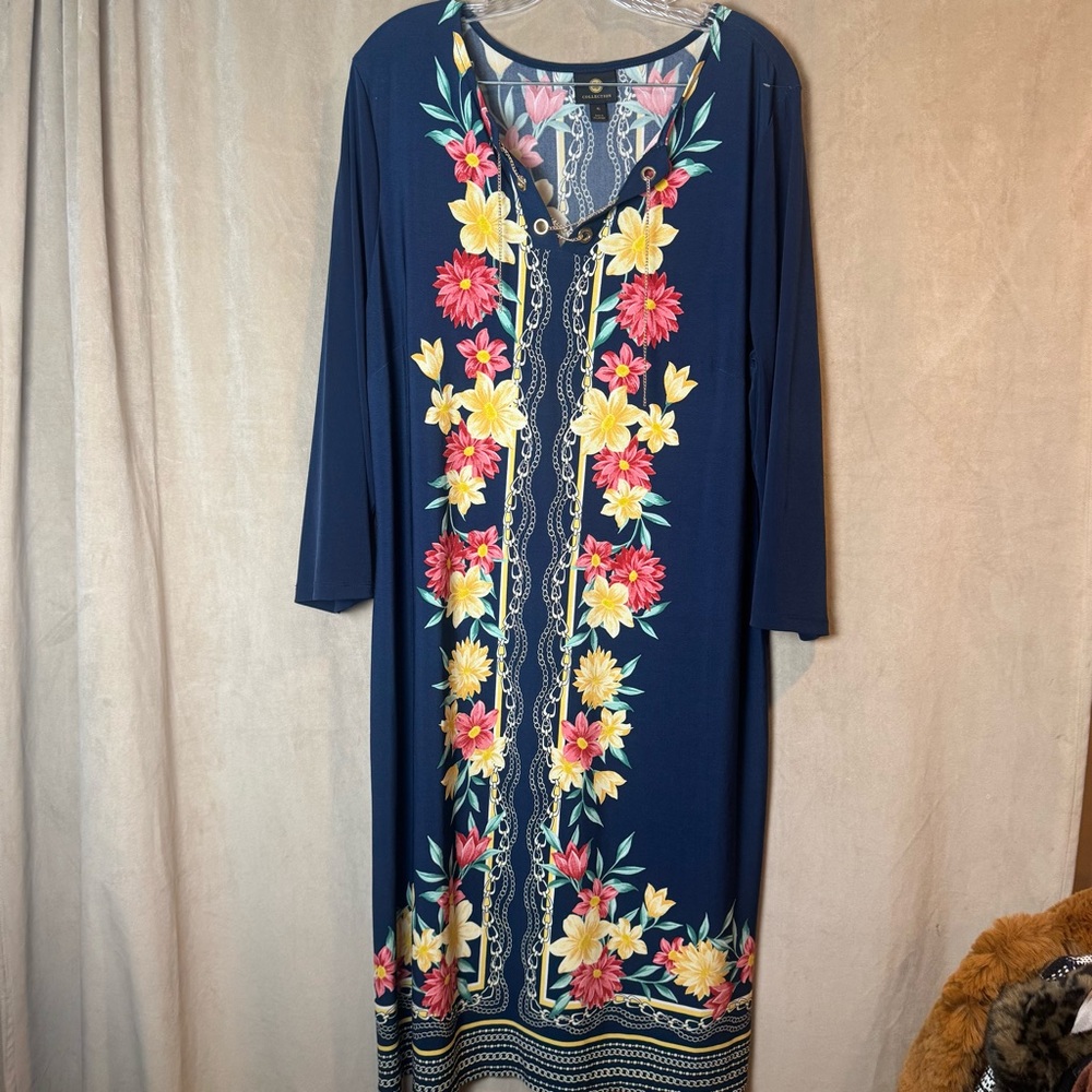 JM Collection Navy Floral Long Sleeve 3/4 sleeve Dress‎